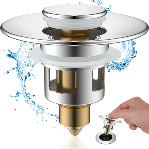 Hibbent All Metal Universal Bathroom Sink Stopper for 1.1''~2.3'' Basin, Pop Up Sink Drain Strainer, Brass Bullet Core Push Type Stopper, Stainless Steel Anti Clogging Drain Filter, Chrome