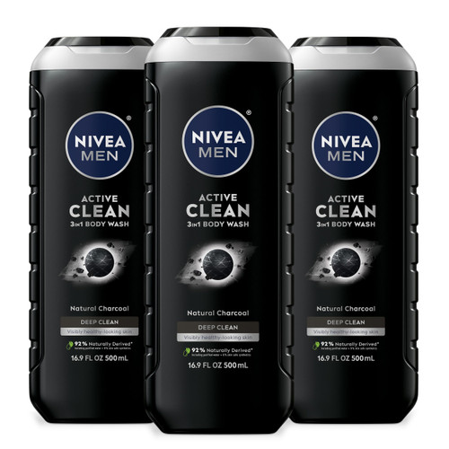 NIVEA MEN Active Clean 3-in-1 Body Wash, Mulitpack, 3 x 16.9 FL OZ