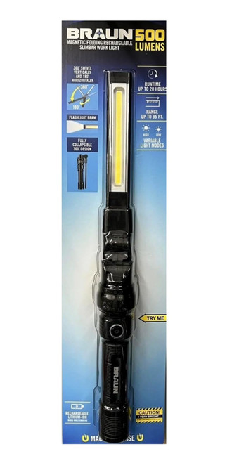 Braun 500 Lumen LED Rechargeable Magnetic Handheld Foldable Slim Bar Work Light with Free Jibs&Edge Pen