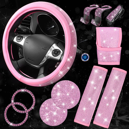 CAR PASS 11 PCS Bling Car Accessories Set for Women, Sparkly Rhinestone Diamond Steering Wheel Cover, Bling Seat Belt Cushion, Shift Knob Cover, Push Start Button Ring, Car Cup Holder Coaster, Pink
