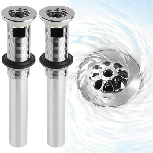 WiseWater 2-Pack Grid Bathroom Sink Drain Assembly with Overflow, 1-1/2 x 10 Inch Stainless Steel Extended Thread Drain Strainer for Thick Countertops, CUPC Certified Replacement Kit