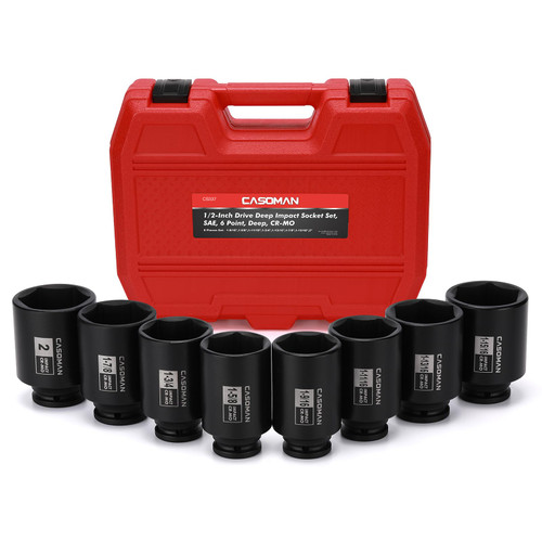 CASOMAN 8PCS 1/2"Dr. Deep Impact Socket Set-SAE, 1-9/16" to 2", 6-Point, Spindle Axle Nut Impact Socket Set, CR-MO, Impact Grade