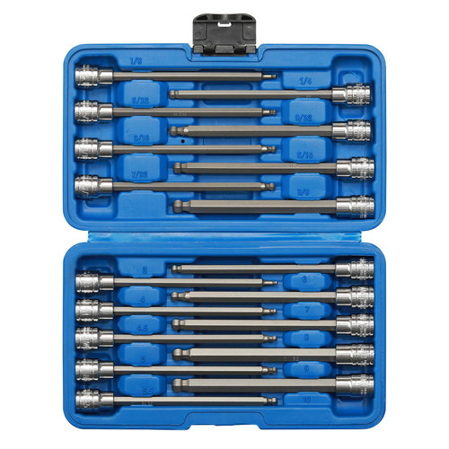 EMENTOL 18PCS 3/8" Drive Long Ball-End Hex Bit Socket Set, CR-V, S2 Steel, SAE/Metric, Extra Long Allen Bit Socket Set, 1/8 Inch - 3/8 Inch, 3mm - 10mm