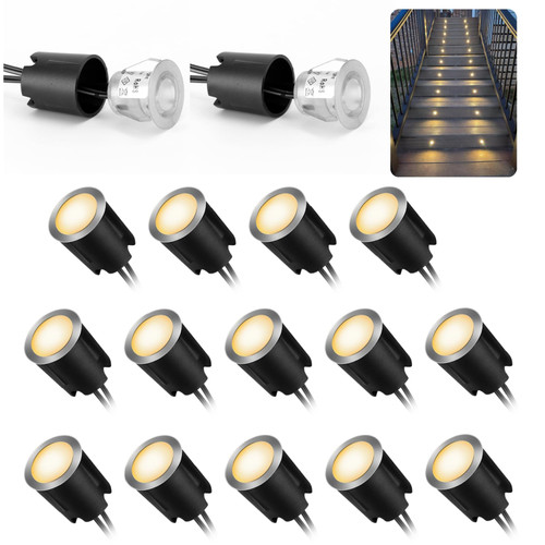 16 Pack LED Recessed Deck Lights with Protecting Shell, IP68 Waterproof Warm White, 0.6W , Outdoor Landscape Lighting, 12V Low Voltage Deck Lights Kit for Garden Yard Step Riser Stair Decoration