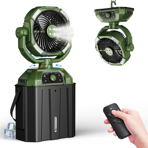Misting fan with 7L bucket 90°Oscillating ,4 Spray Mister 25000mAh Rechargeable Camping fan with Remote Control Stepless Speed and Timer for Patios/Camping，Waterproof Design Outdoor Fans (Green)