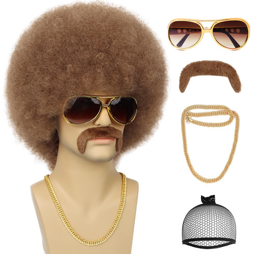 70S Men’s Afro Wig for Disco Party, 5pcs Set (Wig+ Glasses+ Necklace+ Mustache+ Wig Cap) Brown Afro Curly Hippie Rocker Wigs for 70S 80S Costume Halloween Cosplay Use