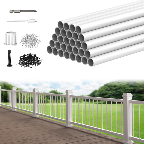 CKE 30 Pack 32" White Round Aluminum Balusters, White Aluminum Spindles with Screws& Conectors for Indoor Outdoor, 3/4" Diameter Hollow Deck Round Balusters for Wood and Composite Deck Balusters