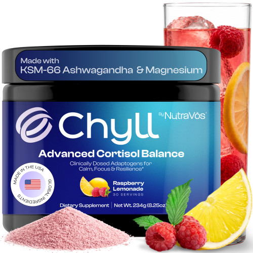 NutraVōs Chyll Cortisol Supplement Drink Mix with Ashwagandha KSM 66, Magnesium Glycinate, L Theanine + Electrolytes | Stress, Sleep, and Focus Support | Raspberry Lemonade | 30 Servings