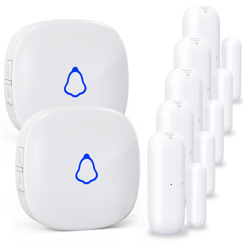 Door Chime, METAK Wireless Door Open Contact Sensor Alarm with 500 FT Range, 58 Chimes and 5 Volume Levels for Business/Store/Home/Office When Entering, 5 Transmitters + 2 Plug-in Receivers (White)