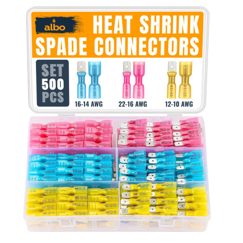 ALBO 500 Pcs Heat Shrink Male and Female Spade Connector Kit, 22-10 AWG