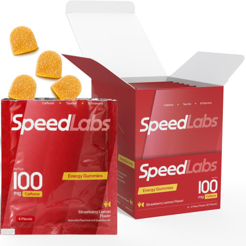 Speed Labs Caffeine Energy Gummies Strawberry Lemon Natural, 25mg Caffeine, Taurine, B-Vitamins per Piece, Vegan, Gluten Free, 1g Added Sugar (8 Packs, Strawberry Lemon)