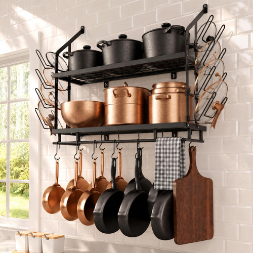 KES 30-Inch Pot Rack Wall Mounted, 8 Secure Lid Holders & 12 Sturdy Hooks