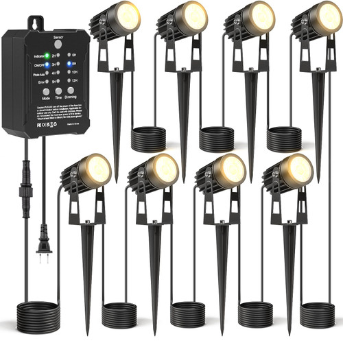 HIBOITEC Low Voltage Landscape Lighting with Transformer Photocell Sensor and Timer Spotlights Kit 68FT ETL Approved Wire Dimmable Waterproof 2700K for House Yard Trees Garden Plants Outdoor 8 Packs
