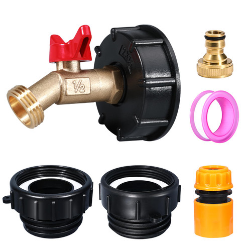 275-330 Gallon IBC Tote Adapter - 3 Sizes with 2.44" Fine, 2" Fine & 2" Coarse Threads, Brass Hose Faucet, 1/2" Male NPT to 3/4" Male GHT, Ideal for Garden Hose Connection