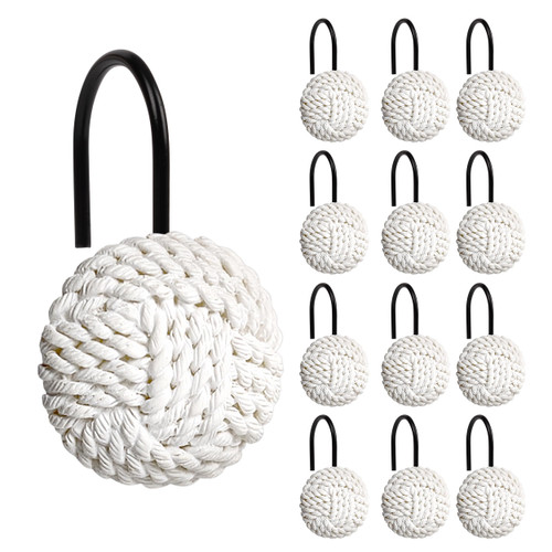 Sunlit Boho Knots Shower Curtain Hooks, Home Decorative White Shower Curtain Rings with Black Hooks for Bathroom, Seaside Nautical Shower Curtain Hangers Bathroom Accessories, Set of 12