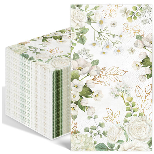 IANFEPH 100 PCS White Floral Paper Napkins 3 Ply Disposable Hand Towels for Bathroom Spring Flowers Guest Napkins Greenery Floral Dinner Napkin Decor for Wedding Bridal Baby Shower Birthday Tea Party