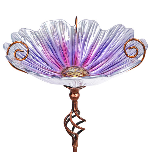 MUMTOP Glass Birdbath Birdfeeder with Metal Stake Garden Outdoor Purple
