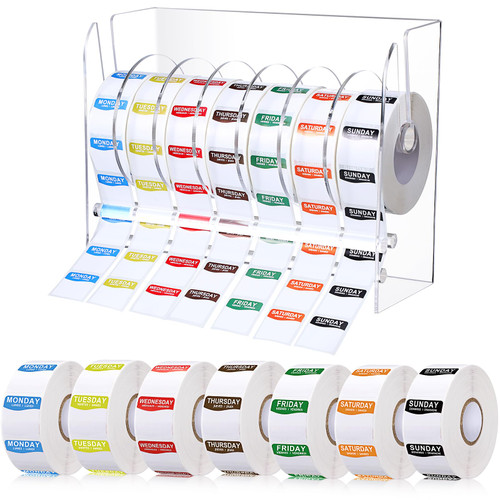 Resurhang 7000 Pcs Day of The Week Labels Food Labels with Adjustable Label Dispenser Monday Through Sunday Management Inventory Stickers Removable Weekly Self Adhesive Date Dot Stickers (Square)