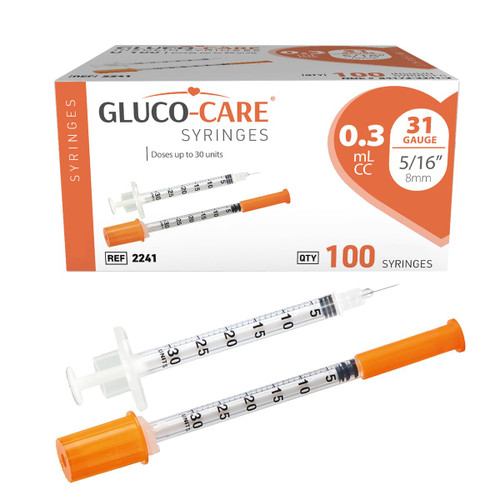 GLUCO-CARE 0.3 ml/cc Syringes 31G x 5/16" (8mm), Orange Cap,100 pcs/bx
