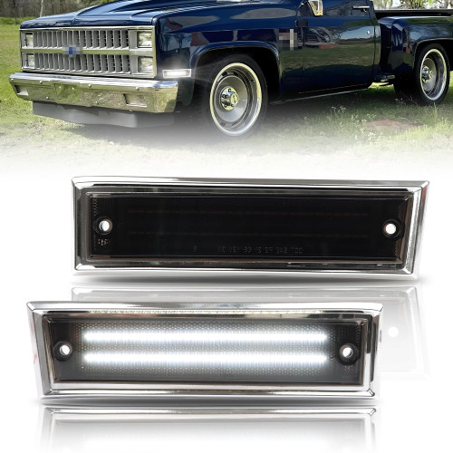OFFKAT Front Fender LED Side Marker Lights for 1981-1991 Chevy C10 C20 C30 GMC C1500 C2500 Suburban Blazer Jimmy, Smoked Lens Side Bumper Marker Lamps, White LED Side Markers Turn Signal Light, 2 PCS