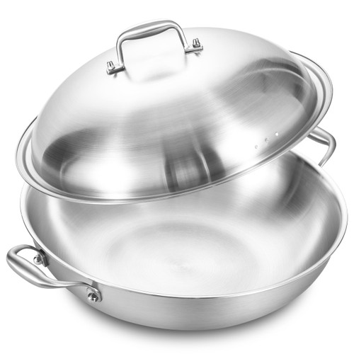 14.5 Inch Stainless Steel Wok with Steel Lid | Jumbo Cooker | Dual Handles