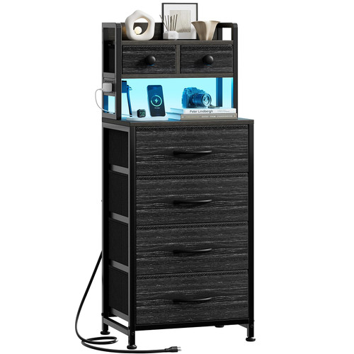 REAHOME 41 Inch LED Nightstand with Charging Station, Black Wood Grain
