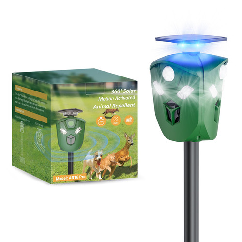 360° Solar Ultrasonic Animal Repellent Outdoor, Deer Repellent Devices with Flash Lights, Animal Deterrent Devices Outdoor for Squirrels, Snakes, Cats, Dogs, Rabbits, Opossums, Coyotes, Raccoons