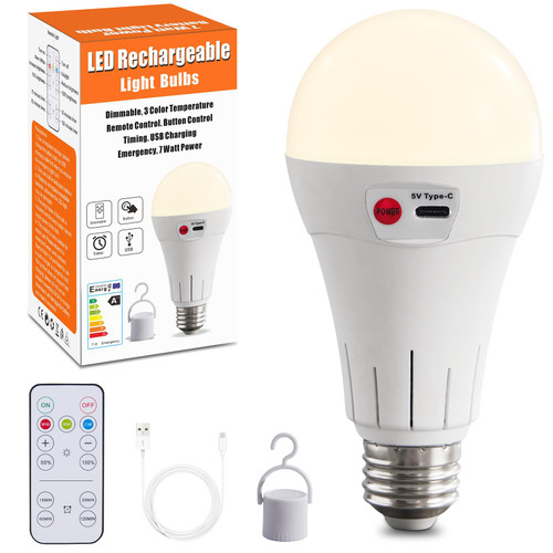 Powfloven 5000mAh Rechargeable Light Bulbs with Remote, E26 Wireless LED Battery Operated Light Bulb for Non-Hardwired Lamps, 500LM, 3 Color Temperatures, Dimmable, Timer, 1 Pack