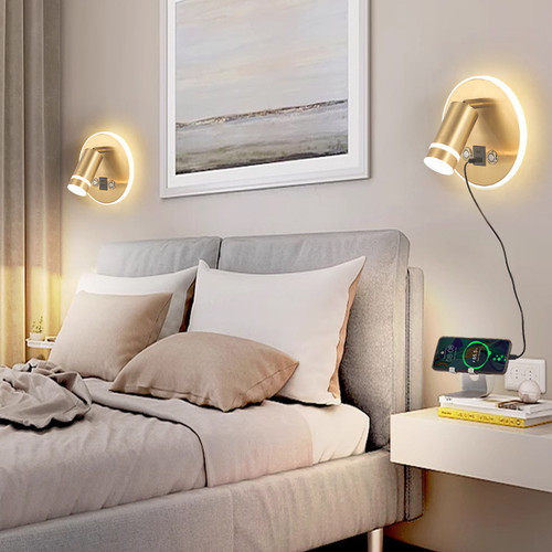 Reading Wall Lamp USB Charging Wall Light Round Bedside Ambient Lighting Indoor Room Decor Bedroom Living Room Hotel Dining Room
