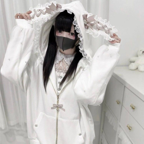 Long Sleeve Strapped Rabbit Ear Hoodie Thick Warm Lolita JK Cardigans Women Y2K Winter Autumn Ladies Top Rabbit Ear Hoodie