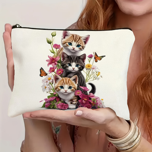 Adorable Cat Makeup Bag with Vibrant Floral Design Butterflies Storage Bag Portable Polyester Toiletry Pouch Zipper Coin Purse