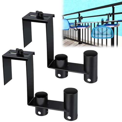 2packs Adjustable Pool Fence Hooks Metal Pool Tool Organizer and Holder Black Hangers for Pool Cleaning Tools Pool Fence Equipment Hooks for Poles Brush Swimming Accessories
