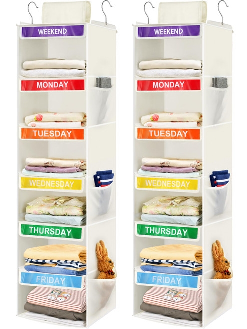 Fivebop 2 Pack 6-Shelf Weekly Clothes Organizer for Kids, Hanging Daily Closet Organization with 6 Side Pockets, Days of The Week Clothing Divider Storage for Boys and Girls (White)