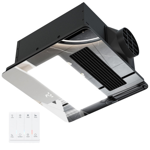 VallisCo Mirrored 4-in-1 Bathroom Exhaust Fan with 1800W Heater, Remote Control, 150 CFM Quiet Ceiling Fan for Heating, Lighting, Ventilation, Blowing & Drying, Dual Installation