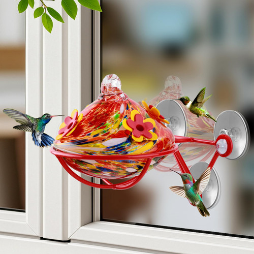 Window Hummingbird Feeder - Hand Blown Glass Mounted Hummingbird Feeder with Strong Suction Cups for Outdoor Window Mount (Red)