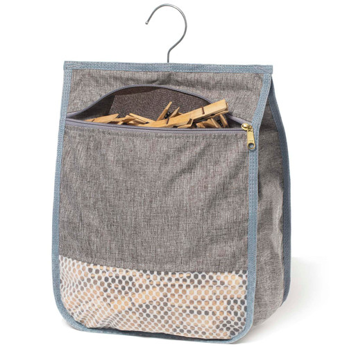 Laundry Clothespin Bag for Clothesline Outdoor, Clothes pin Bag with Zipper Closure, Large Opening, Large-Capacity Clothespin Storage Organizer with Hooks, Use YKK Zipper（Grey