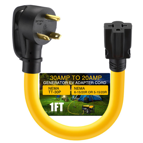 NEMA TT-30P to 6-20/15R or 5-20/15R Generator EV Adapter Cord, 3 Prong 30 Amp TT-30P to 20/15 Amp 6-20/15R or 5-20/15R T Blade for Generator Dryer EV Charger, STW 12 AWG, 1FT, ETL Listed