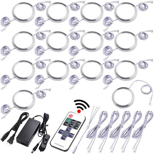 Under Cabinet Lighting Kit, Curio Display Case Lighting, Dimmable Wireless RF Remote Control, Linkable Wired LED Puck Lights, AC120V to DC12V, Hardwired or Wall Plug, Daylight, 14 Lights