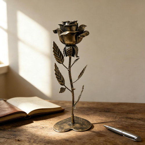 Bronze Rose Copper Flower Sculpture – 8th for Her/Him Hand-Forged Metal Eternal Rose Unique Wedding Keepsake Romantic Home Decor Gift for Wife Husband