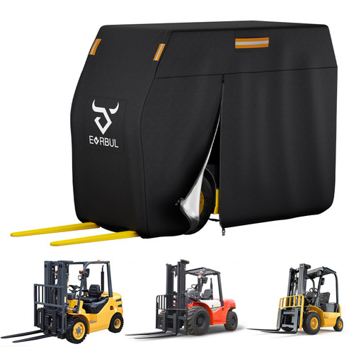 EVRBUL Full Forklift Cover Heavy Duty Waterproof Outdoor 420D Forklift Rain Cover All-Weather Protection with Zipper Door Reflective Strips Air Vents Windproof Buckle Storage Bag 100" L x 45" W x 80"H