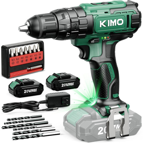 KIMO Cordless Hammer Drill Set with 20V 2.0Ah Battery 2 Packs, 21+3 Position, 0-1350 RPM, Max 350 In-lb Torque, 3/8" Keyless Chuck, 14pcs Accessories, Power Drill for Drilling Wood Bricks Walls Metal