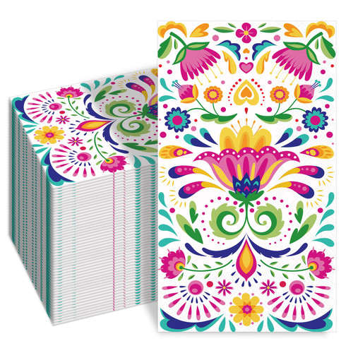 100PCS Mexican Floral Paper Napkins, 3 Ply Disposable Hand Towels, Cinco De Mayo Guest Napkins, Fiesta Decor for Wedding Birthday Taco Party Supplies