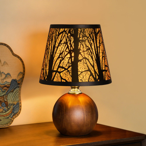 URLIGHTS 11.4" Rustic Solid Wood Small Table Lamp with Metal Forest Shade
