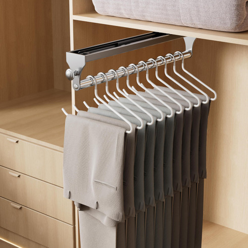 Pull Out Closet Rod, 13.7inch Heavy Duty Pants Rack, Adjustable Clothes Hanger Rail, Space Aluminum Valet Rod, Top Mounted Wardrobe Clothes Organizer, Closet Storage for Trousers Coats Gray
