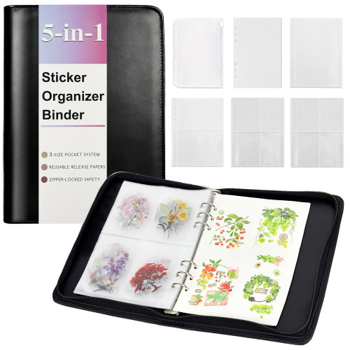 5-in-1 Sticker Organizer Binder Reusable Sticker Storage Book A5 Zipper Binder with 220 Pockets,10 Release Papers, Sticker Album Sticker Collecting Display Keeper