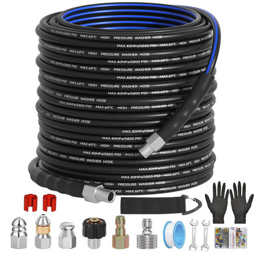 Sewer Jetter Kit for Pressure Washer(150FT),1/4" NPT Drain Cleaner Hose 5800PSI with 3 Sewer Jet Nozzles，Pearl Corsage Pin，Marking Ring,Spray Nozzle，Teflon Tape&Gloves