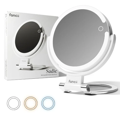 Fancii Travel Magnifying Mirror 10x /1x with Lights, Rechargeable | 9-Inch Extra Large LED Lighted Makeup Mirror, Folding Double Sided Portable Vanity Mirror, 3 Light Settings, Touch Sensor (Sadie)