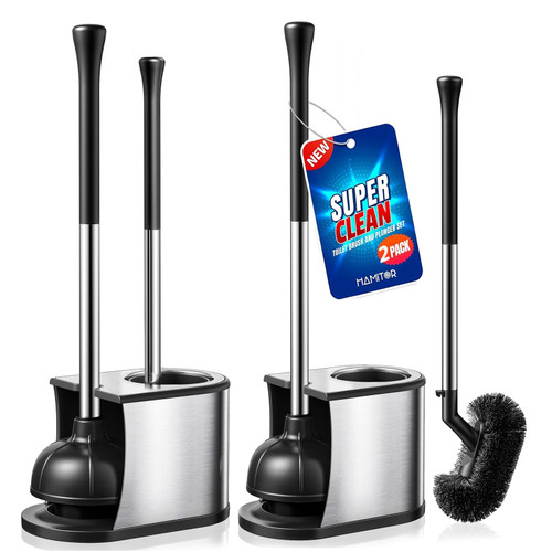 HAMITOR Toilet Plunger and Brush Set with Curved Bristles - 2Pack