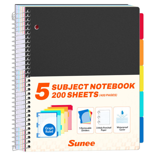 SUNEE 5 Subject Graph Paper Notebook - 400 Pages, 9"x11", 4x4 Graph Ruled Notebook, 5 Pocket Colored Dividers, 3-Hole Punched Paper, Black