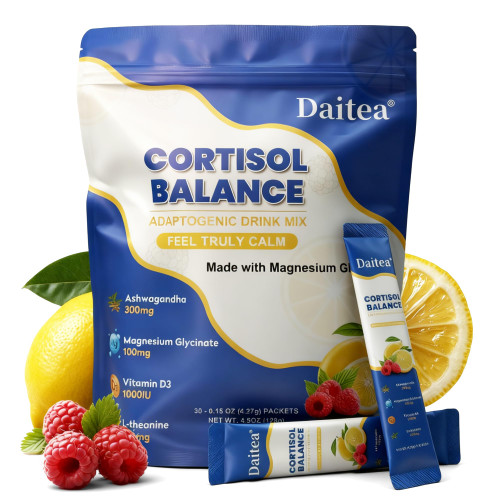 Cortisol Calm Drink Mix with Magnesium Glycinate Powder, L-Theanine, Vitamins, and Ashwagandha for Relaxation & Focus | Adaptogen Drink & Cortisol Support | 30 Packets (Raspberry & Lemon Flavor)